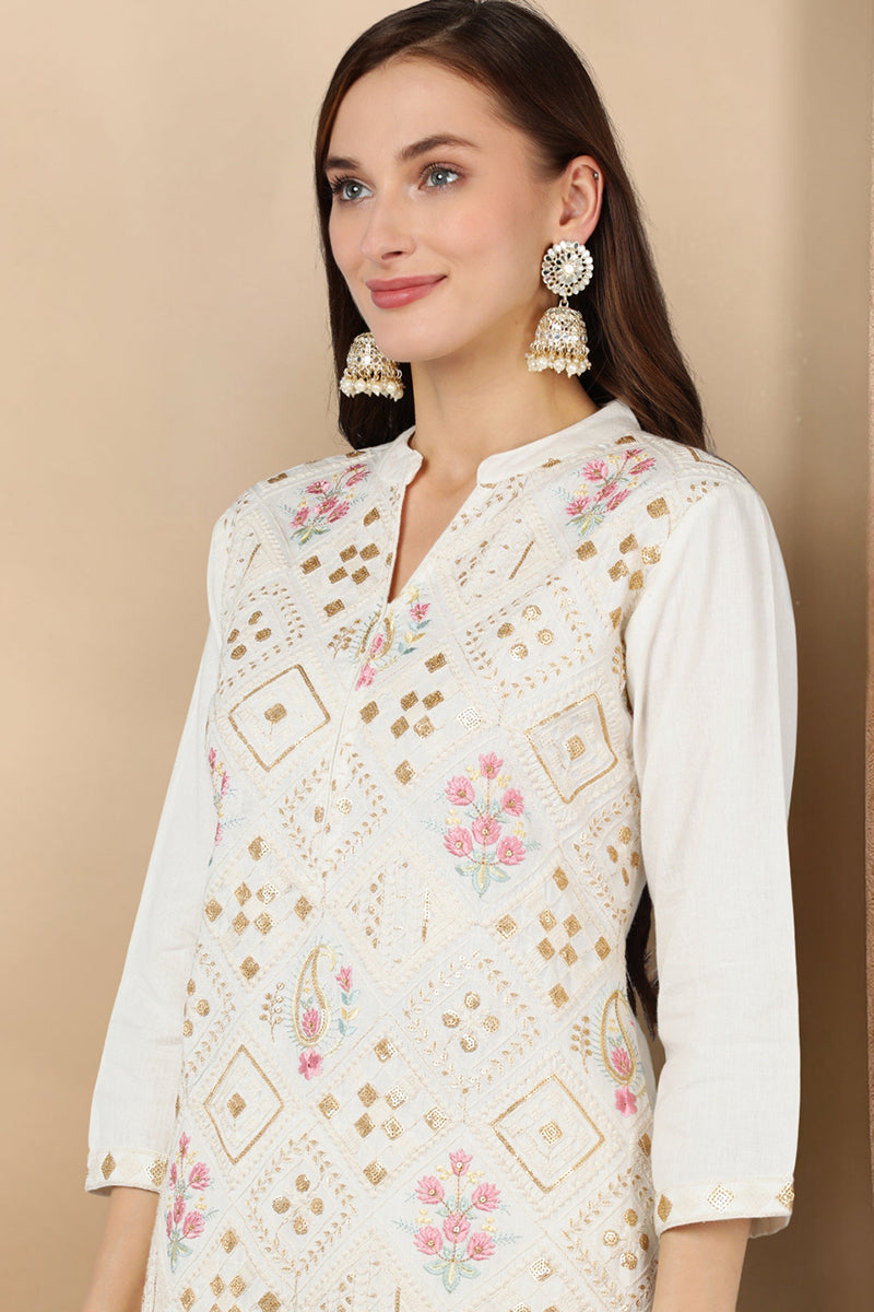 White Pure Cotton Ethnic Motifs Straight Kurta Trousers With Dupatta | SHOBITAM