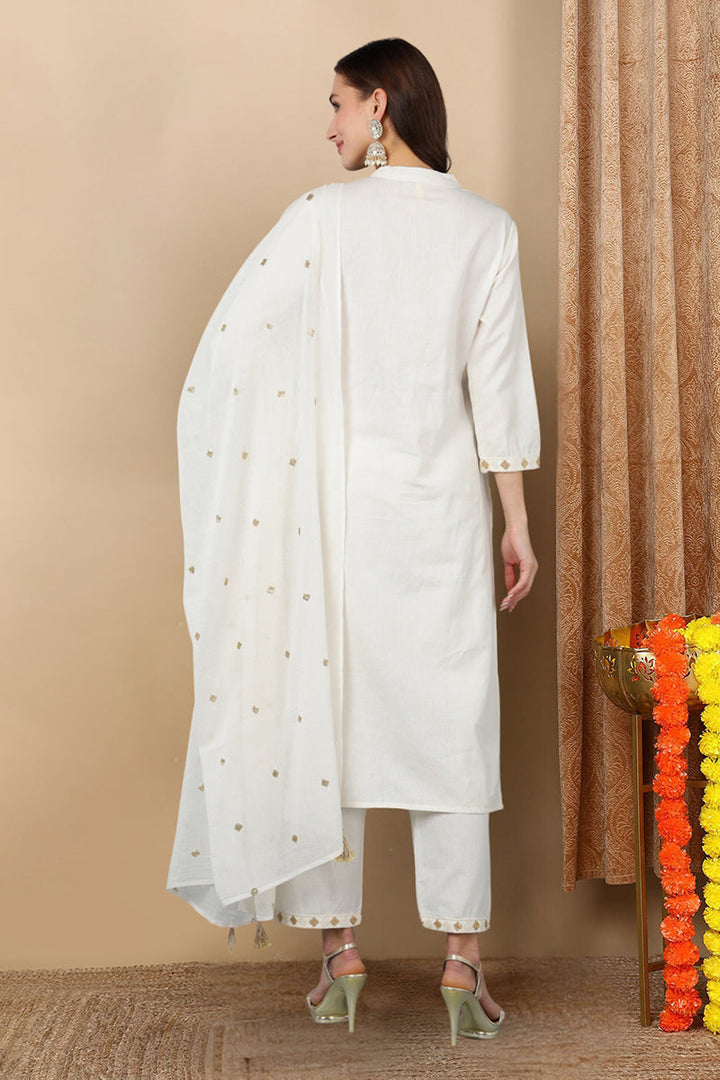 White Pure Cotton Ethnic Motifs Straight Kurta Trousers With Dupatta | SHOBITAM