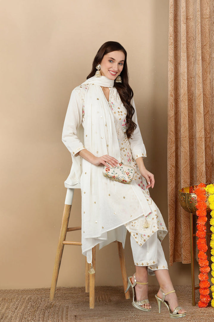 White Pure Cotton Ethnic Motifs Straight Kurta Trousers With Dupatta | SHOBITAM