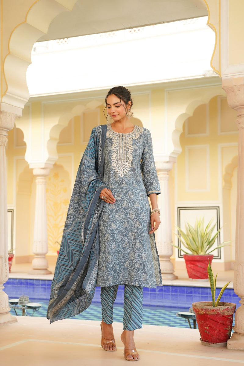 Grey Silk Blend Straight Kurta Pant With Dupatta | SHOBITAM