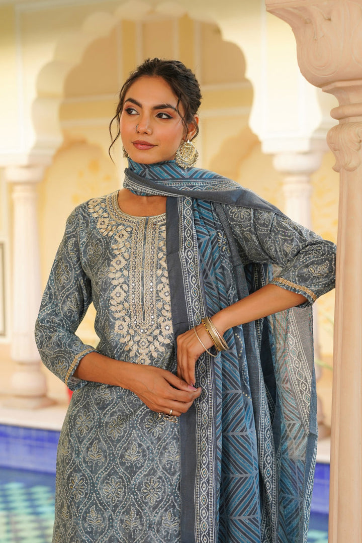 Grey Silk Blend Straight Kurta Pant With Dupatta | SHOBITAM