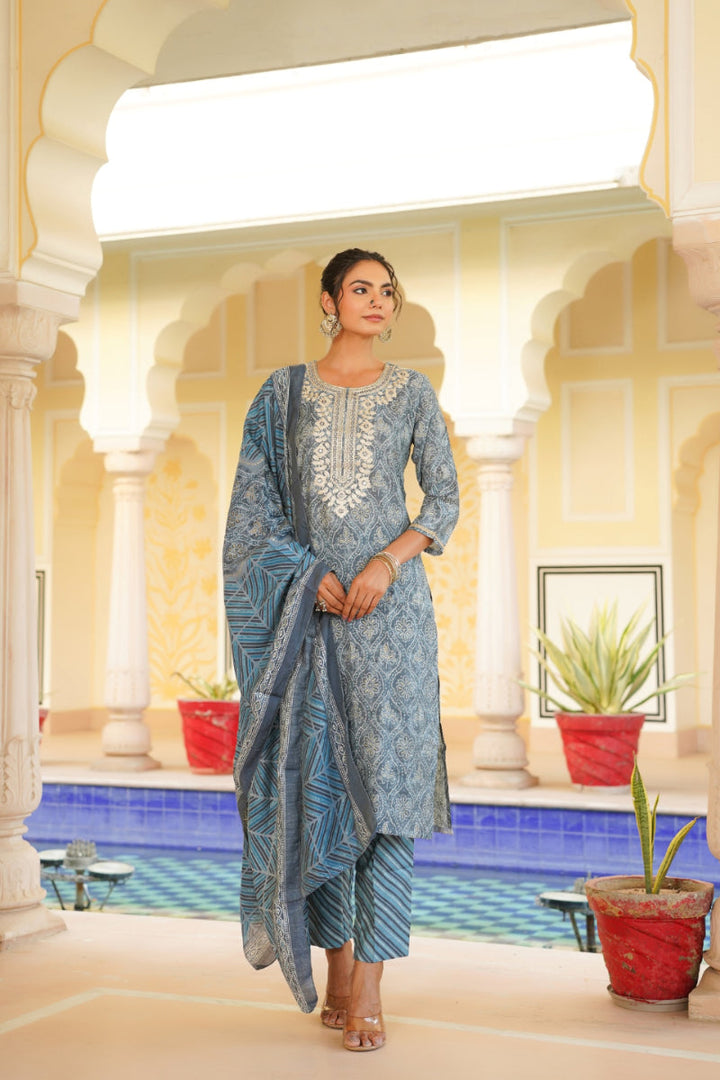 Grey Silk Blend Straight Kurta Pant With Dupatta | SHOBITAM