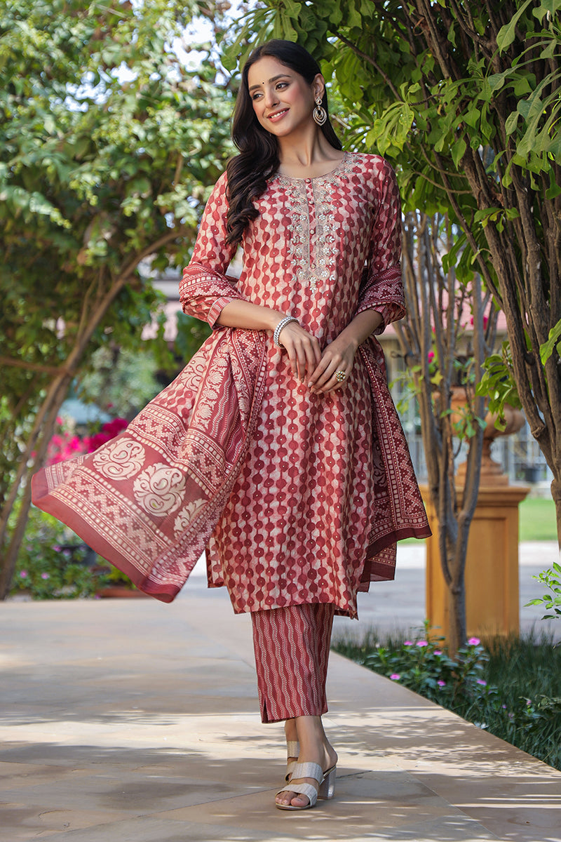 Red Silk Blend Embroidered Geometric Printed Kurta Pant With Dupatta  | SHOBITAM