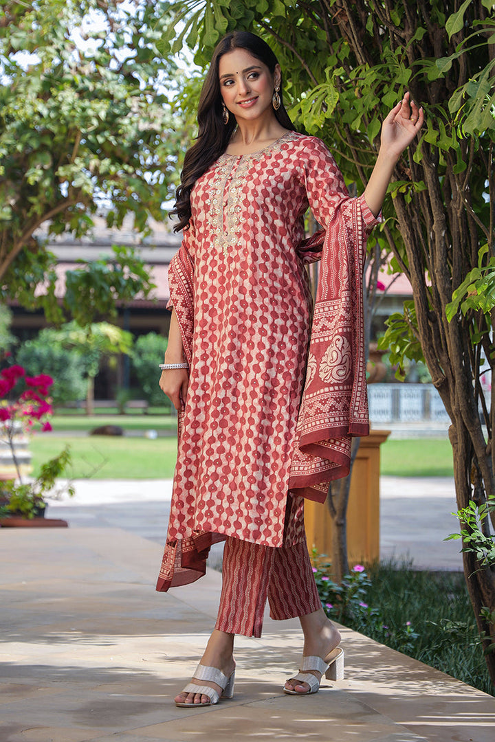 Red Silk Blend Embroidered Geometric Printed Kurta Pant With Dupatta  | SHOBITAM