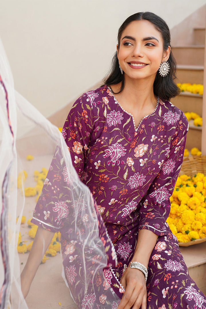 Purple Rayon Blend Floral Straight Kurta Pant With Dupatta   | SHOBITAM