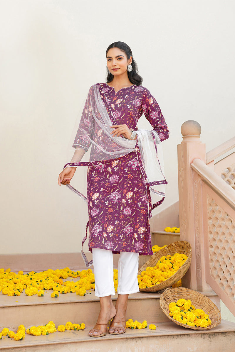 Purple Rayon Blend Floral Straight Kurta Pant With Dupatta   | SHOBITAM