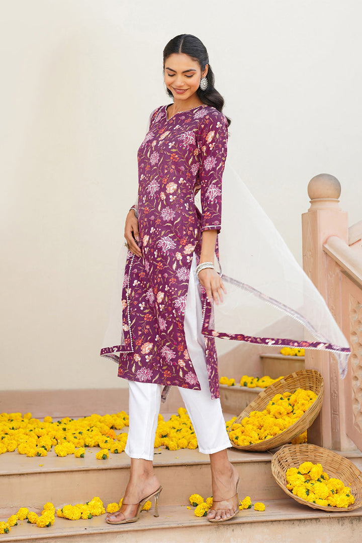 Purple Rayon Blend Floral Straight Kurta Pant With Dupatta   | SHOBITAM