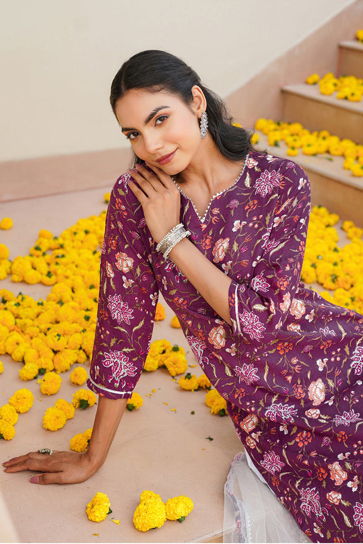 Purple Rayon Blend Floral Straight Kurta Pant With Dupatta   | SHOBITAM
