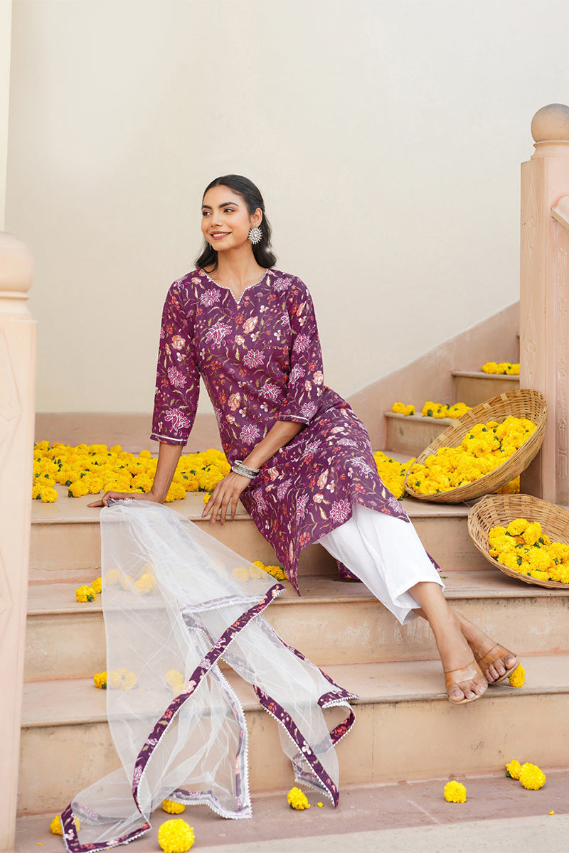 Purple Rayon Blend Floral Straight Kurta Pant With Dupatta   | SHOBITAM
