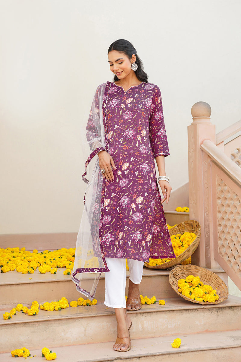 Purple Rayon Blend Floral Straight Kurta Pant With Dupatta   | SHOBITAM
