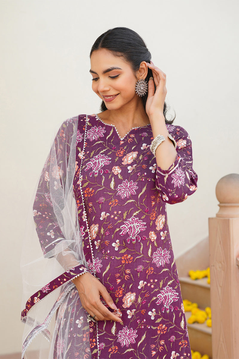 Purple Rayon Blend Floral Straight Kurta Pant With Dupatta   | SHOBITAM