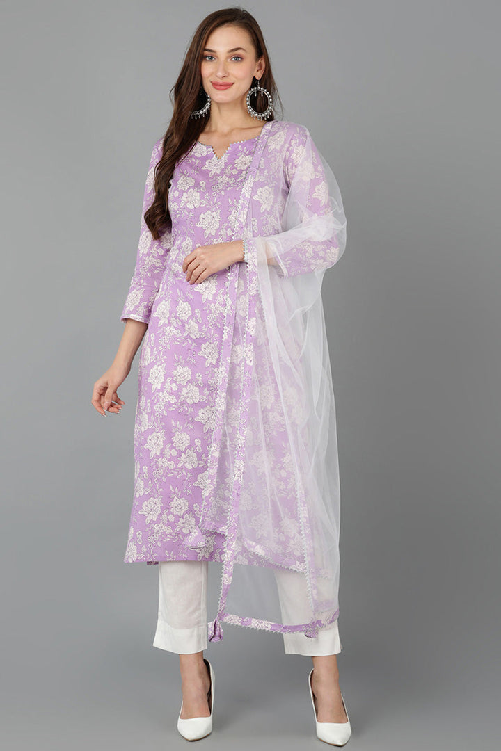Purple Rayon blend Floral Straight Kurta Pant With Dupatta   | SHOBITAM