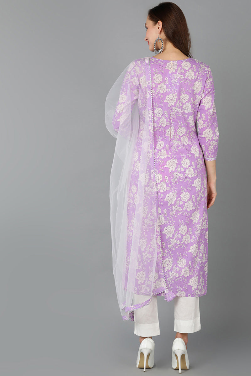 Purple Rayon blend Floral Straight Kurta Pant With Dupatta   | SHOBITAM