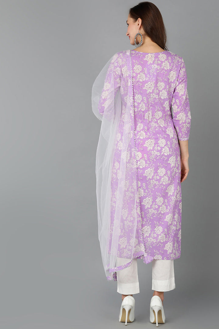 Purple Rayon blend Floral Straight Kurta Pant With Dupatta   | SHOBITAM