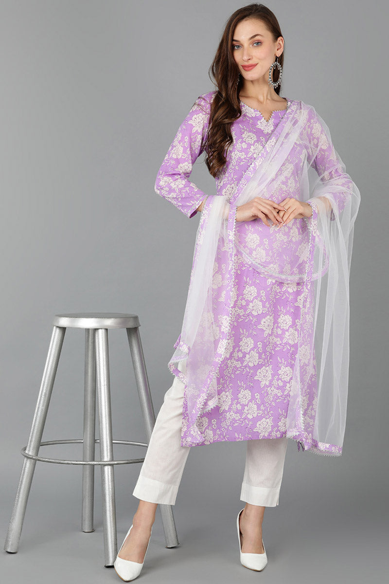 Purple Rayon blend Floral Straight Kurta Pant With Dupatta   | SHOBITAM