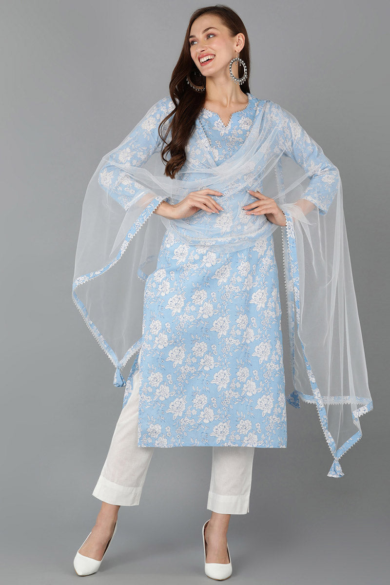 Blue Rayon Blend Floral Straight Kurta Pant With Dupatta   | SHOBITAM