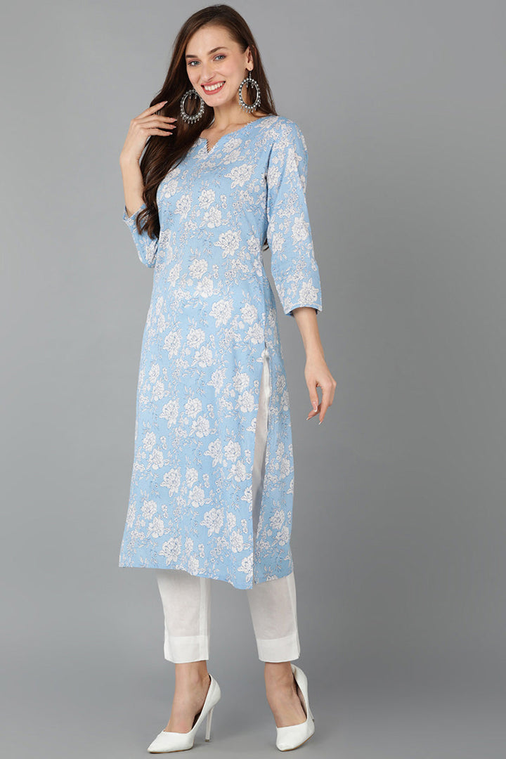 Blue Rayon Blend Floral Straight Kurta Pant With Dupatta   | SHOBITAM