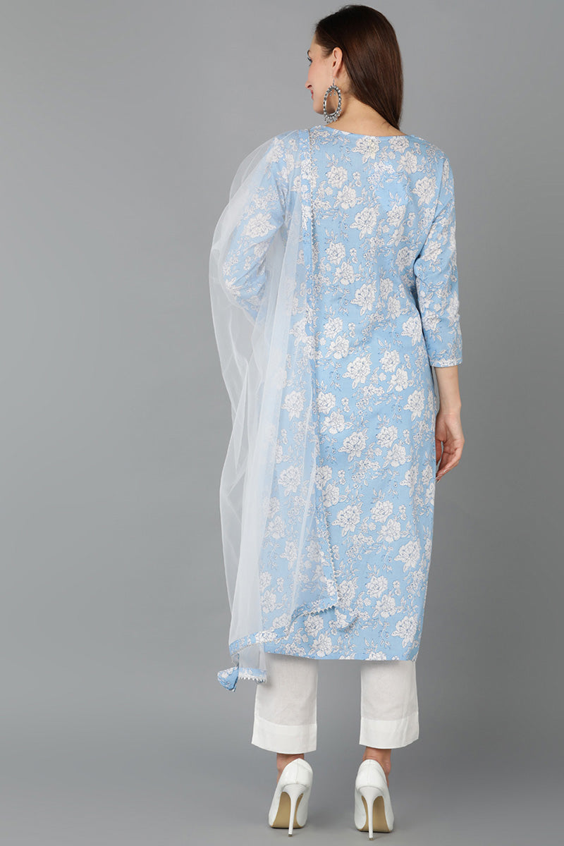 Blue Rayon Blend Floral Straight Kurta Pant With Dupatta   | SHOBITAM