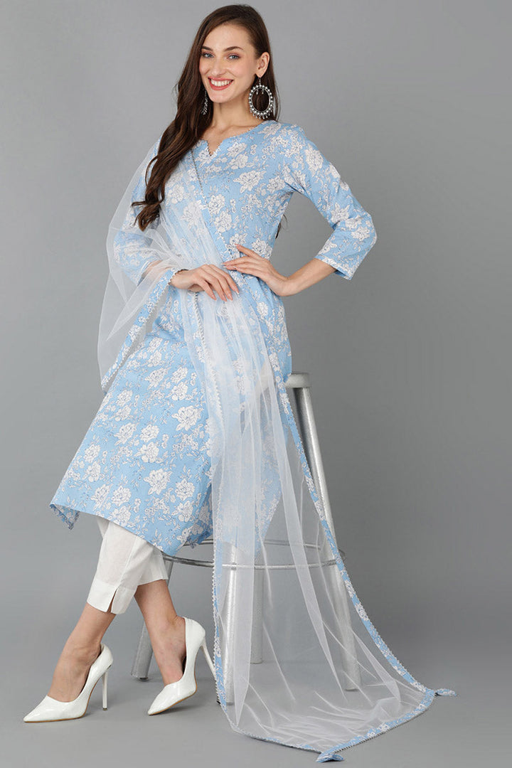 Blue Rayon Blend Floral Straight Kurta Pant With Dupatta   | SHOBITAM