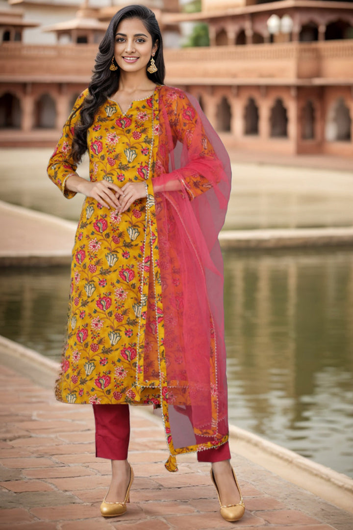 Mustard Rayon Blend Floral Straight Kurta Pant With Dupatta  | SHOBITAM