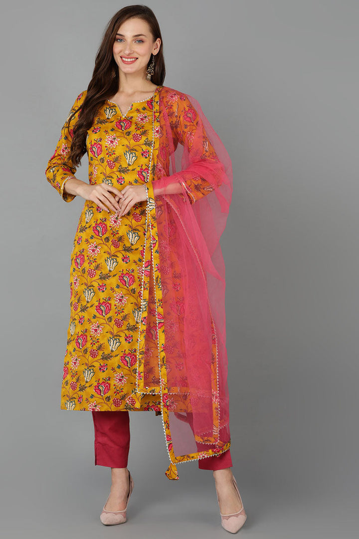 Mustard Rayon Blend Floral Straight Kurta Pant With Dupatta  | SHOBITAM
