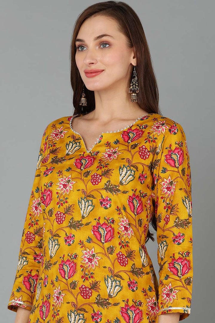 Mustard Rayon Blend Floral Straight Kurta Pant With Dupatta  | SHOBITAM