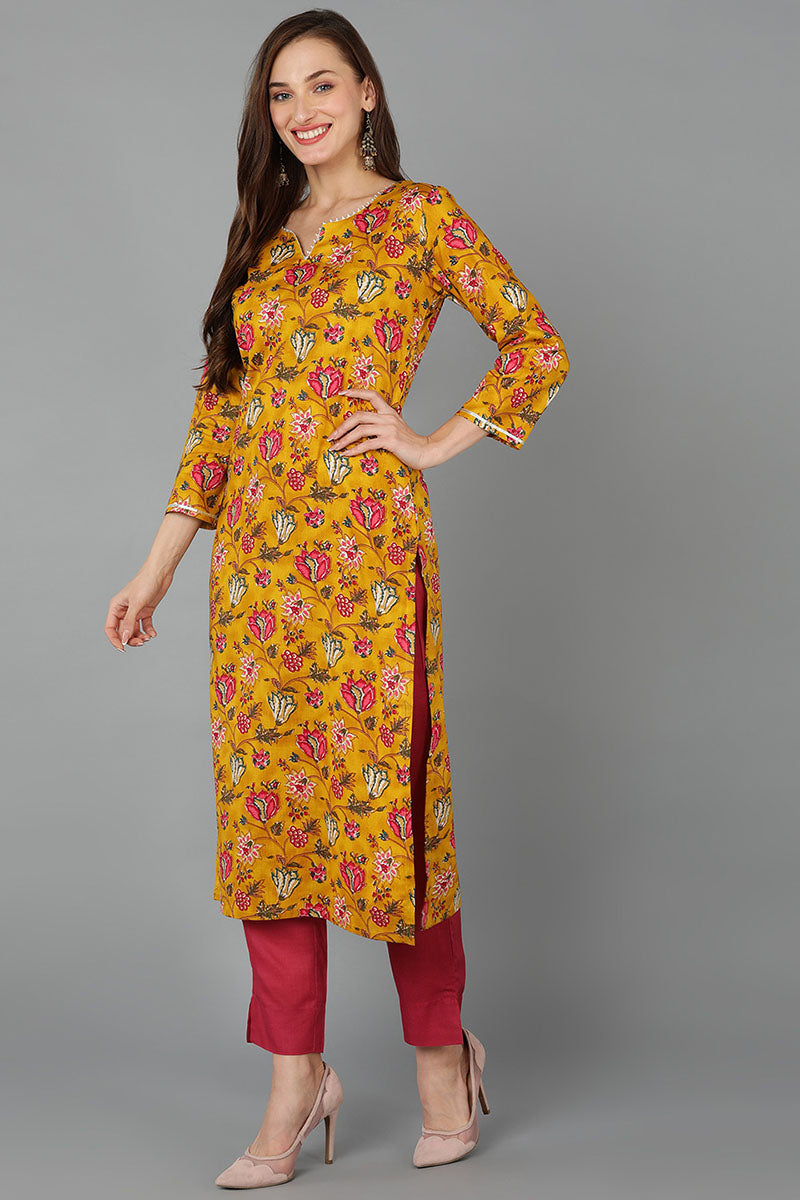 Mustard Rayon Blend Floral Straight Kurta Pant With Dupatta  | SHOBITAM