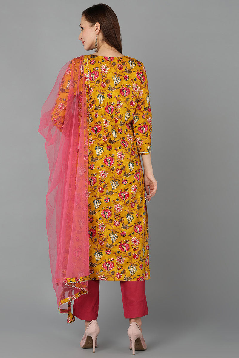 Mustard Rayon Blend Floral Straight Kurta Pant With Dupatta  | SHOBITAM