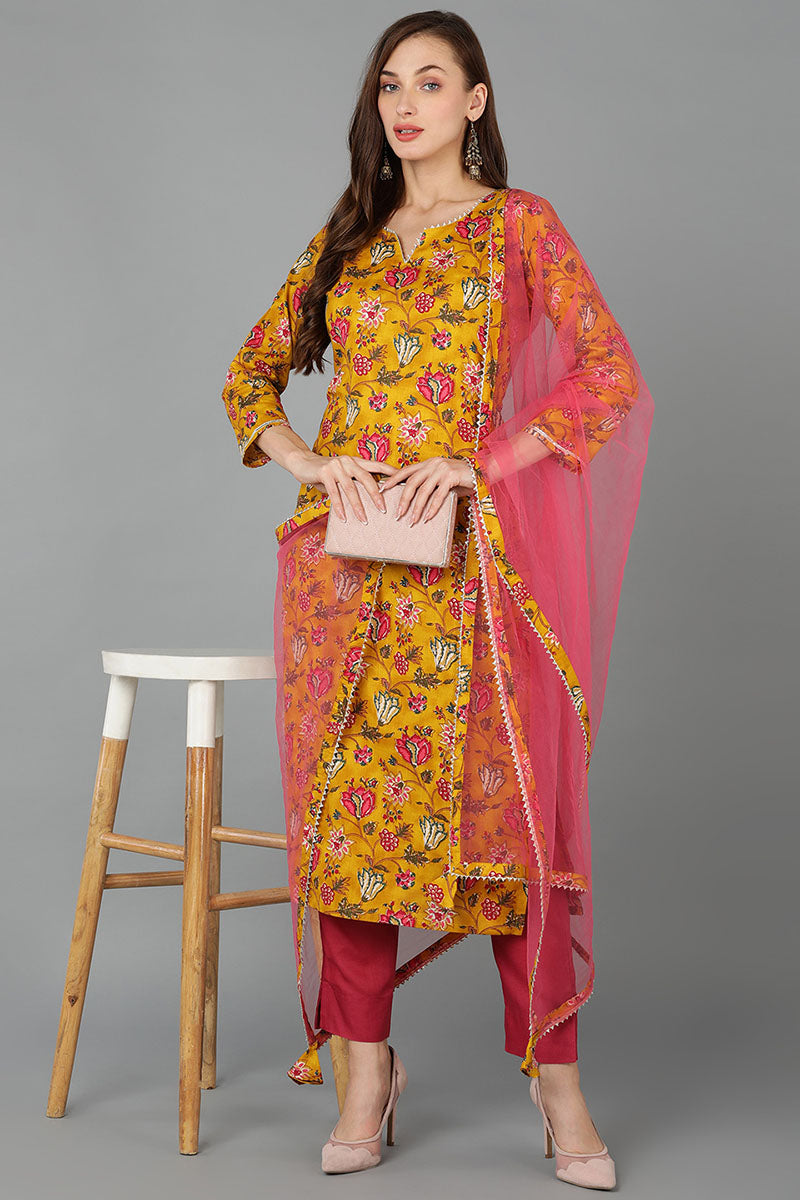 Mustard Rayon Blend Floral Straight Kurta Pant With Dupatta  | SHOBITAM