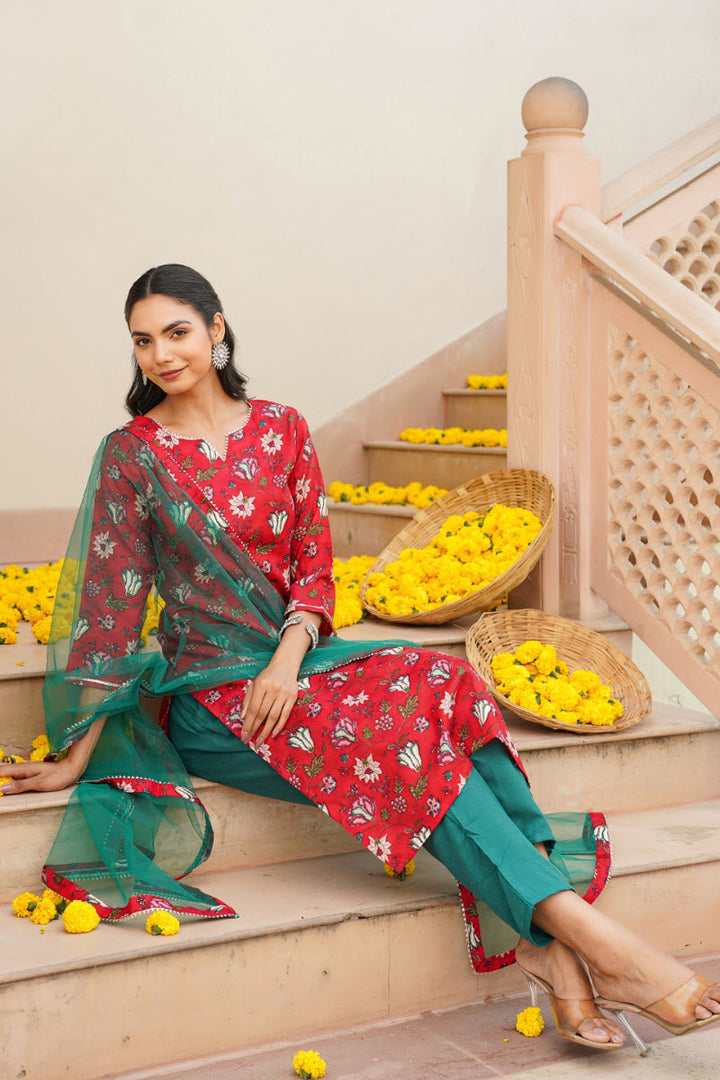 Red Rayon blend Floral Straight Kurta Pant With Dupatta   | SHOBITAM