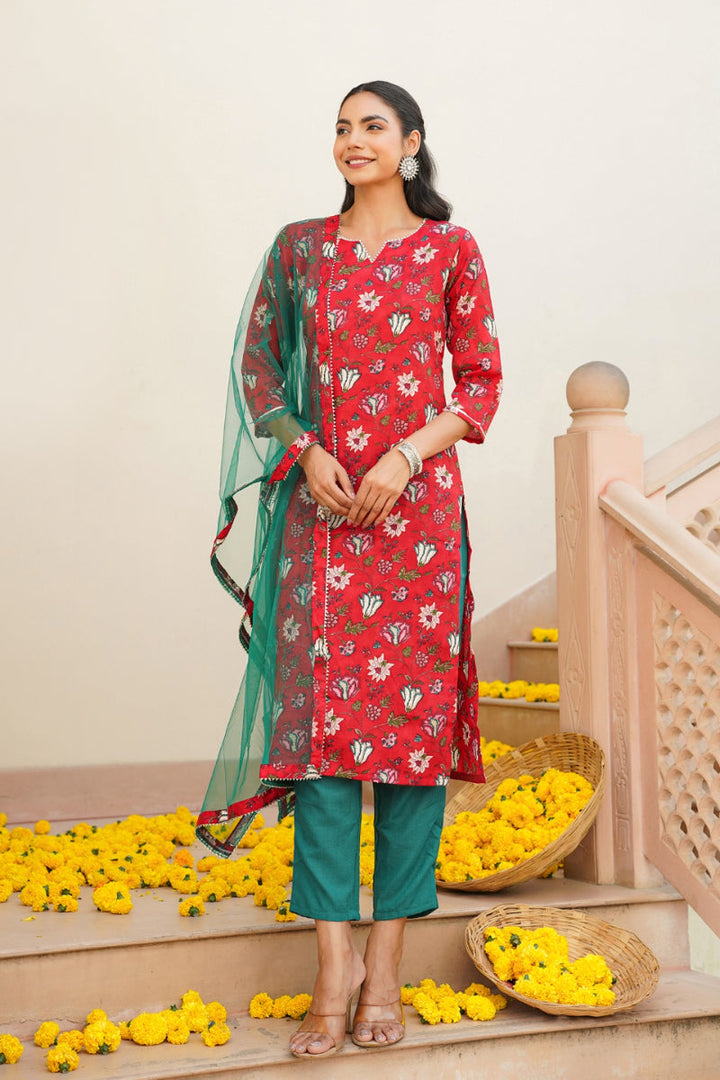 Red Rayon blend Floral Straight Kurta Pant With Dupatta   | SHOBITAM