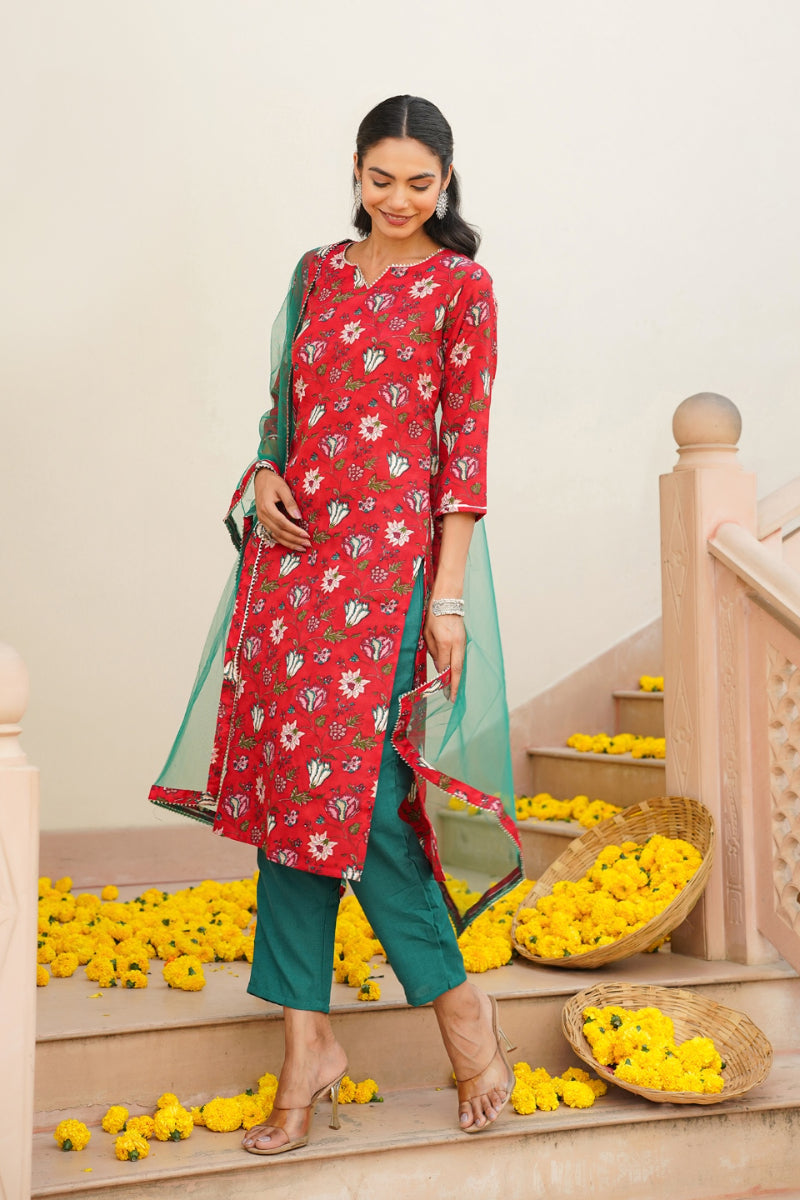 Red Rayon blend Floral Straight Kurta Pant With Dupatta   | SHOBITAM