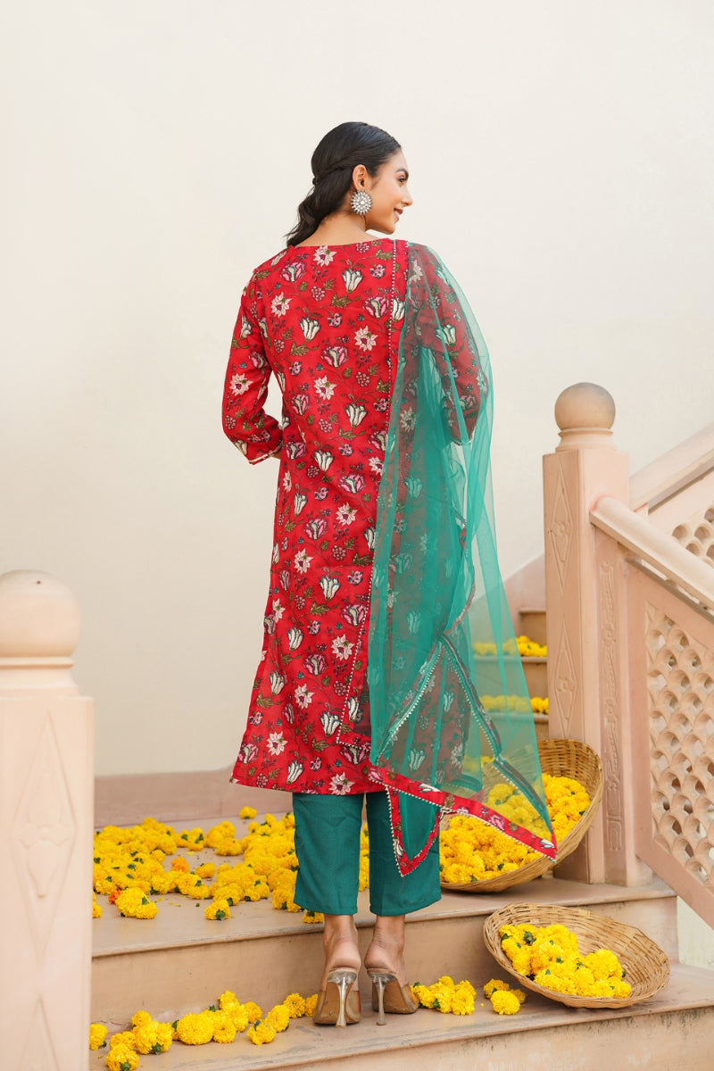 Red Rayon blend Floral Straight Kurta Pant With Dupatta   | SHOBITAM