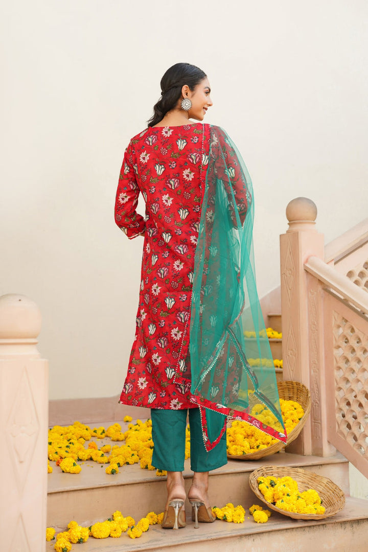 Red Rayon blend Floral Straight Kurta Pant With Dupatta   | SHOBITAM