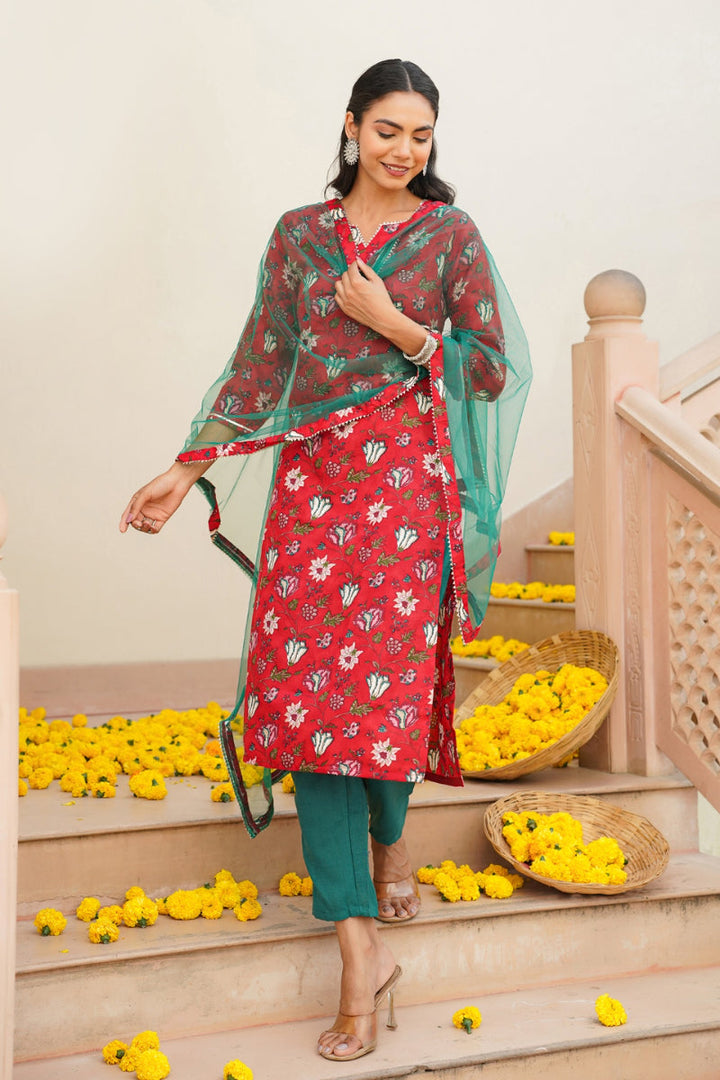Red Rayon blend Floral Straight Kurta Pant With Dupatta   | SHOBITAM
