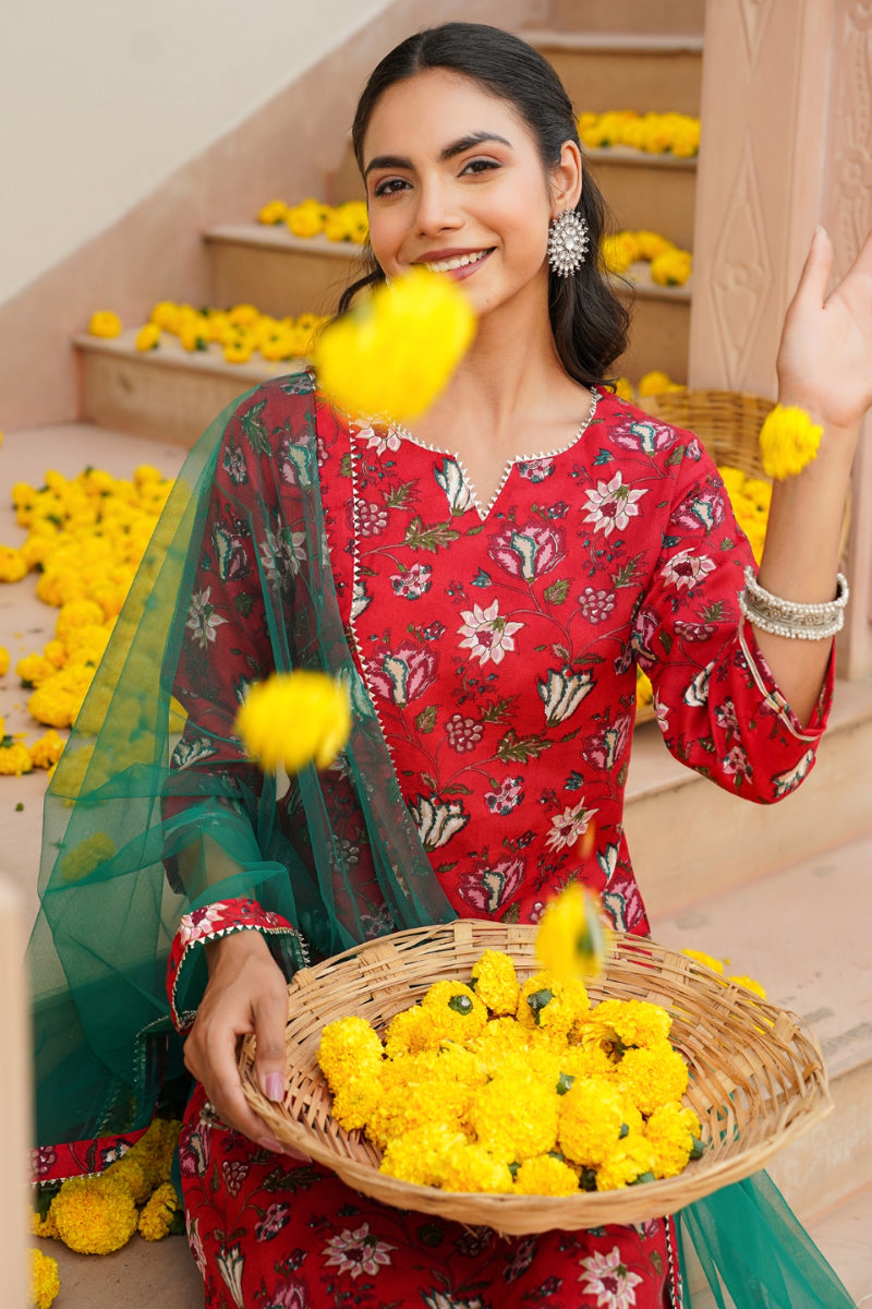 Red Rayon blend Floral Straight Kurta Pant With Dupatta   | SHOBITAM
