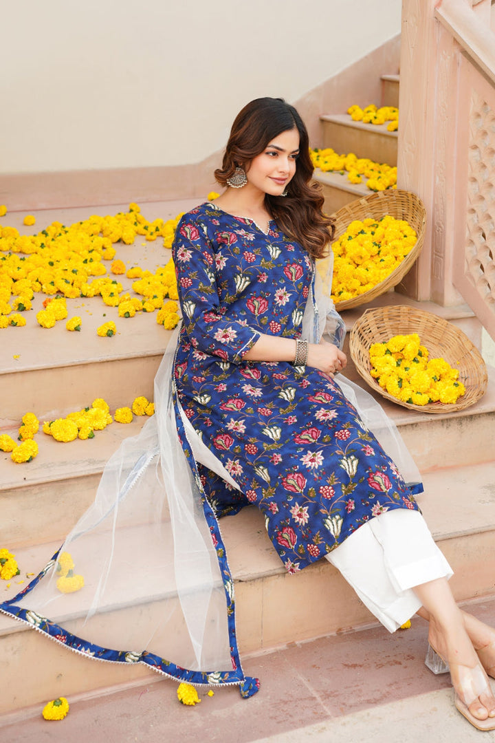 Blue Rayon Blend Printed Kurta Pant With Dupatta   | SHOBITAM