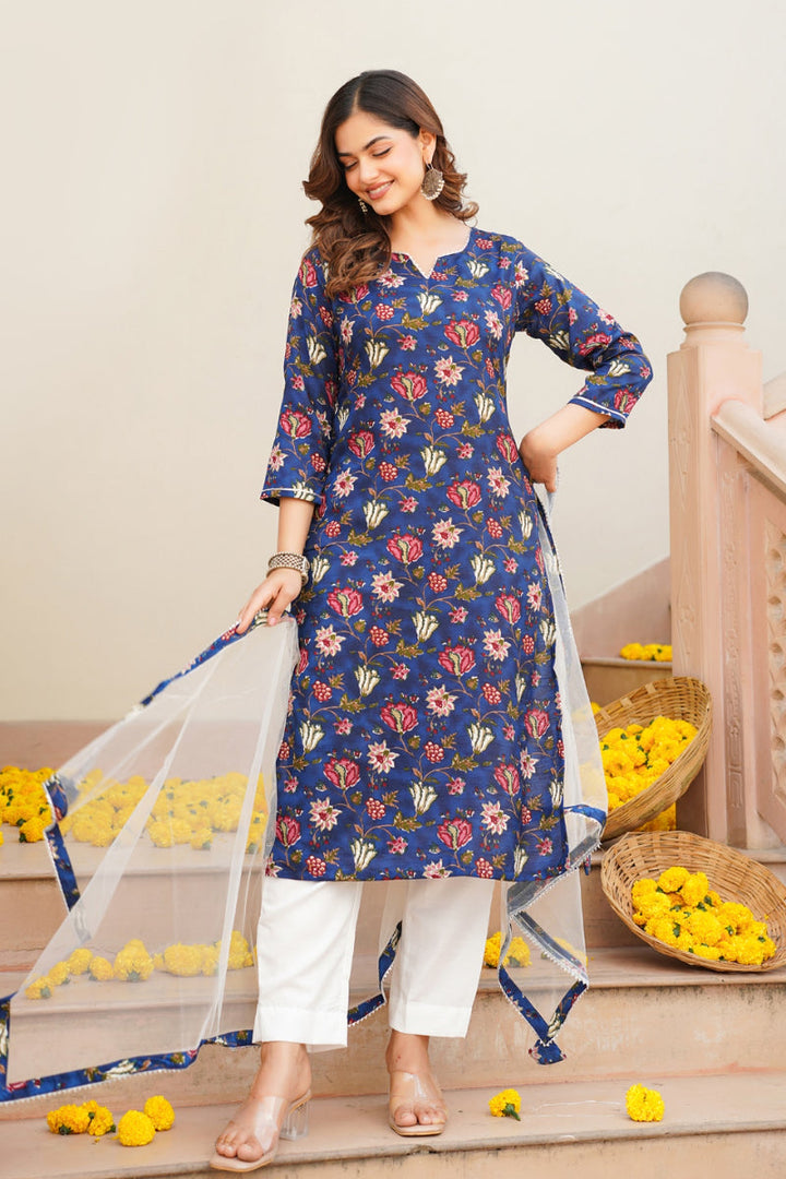Blue Rayon Blend Printed Kurta Pant With Dupatta   | SHOBITAM