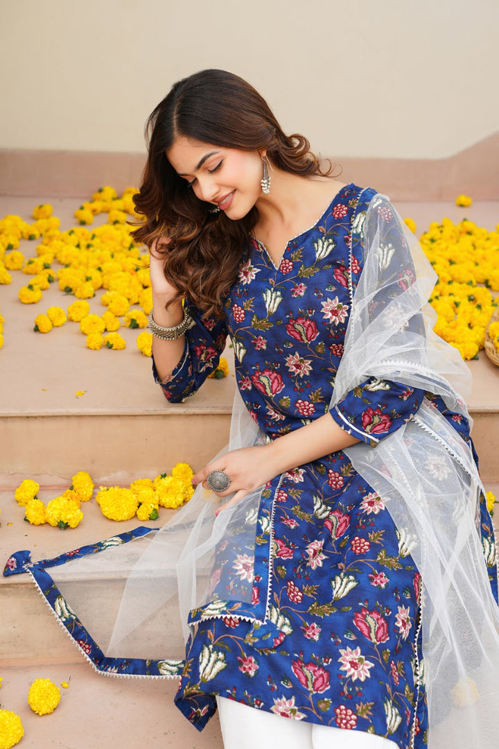 Blue Rayon Blend Printed Kurta Pant With Dupatta   | SHOBITAM
