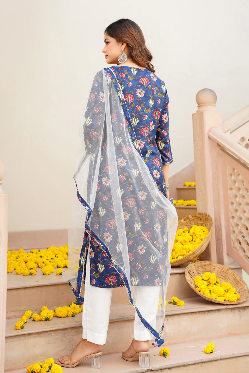 Blue Rayon Blend Printed Kurta Pant With Dupatta   | SHOBITAM