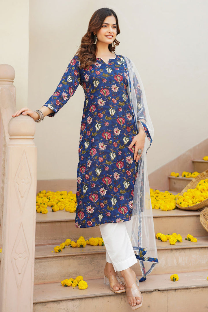 Blue Rayon Blend Printed Kurta Pant With Dupatta   | SHOBITAM