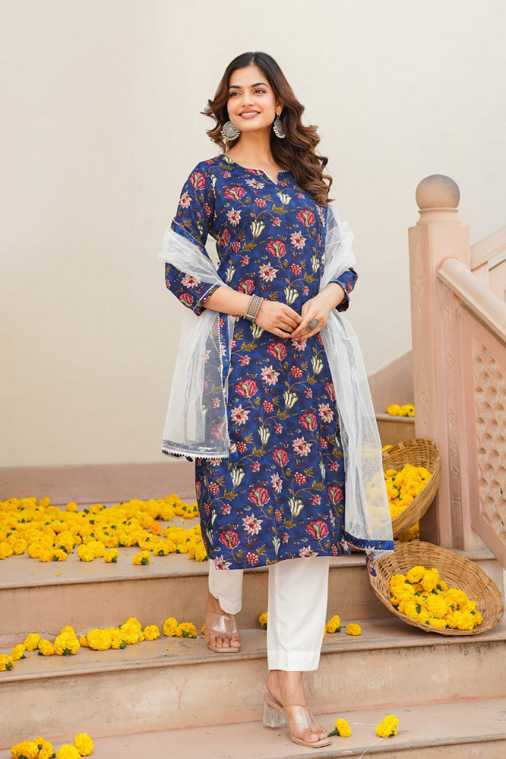 Blue Rayon Blend Printed Kurta Pant With Dupatta   | SHOBITAM