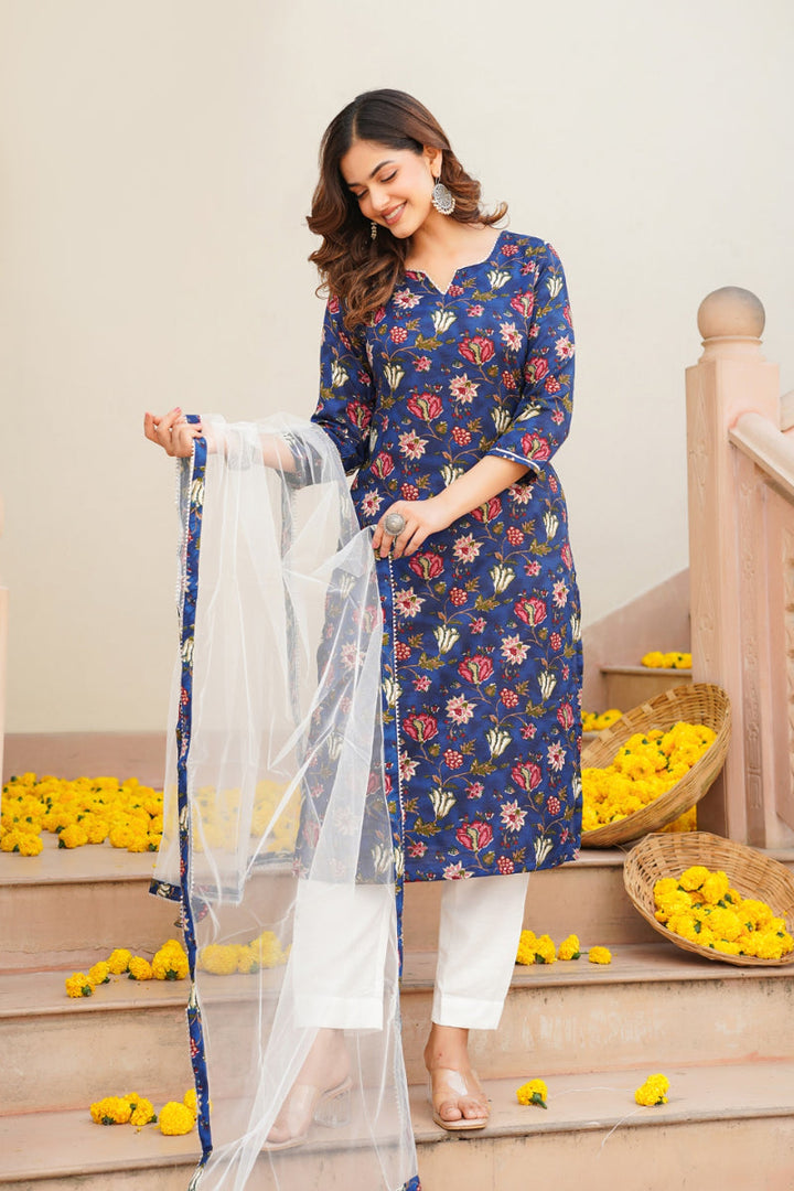 Blue Rayon Blend Printed Kurta Pant With Dupatta   | SHOBITAM
