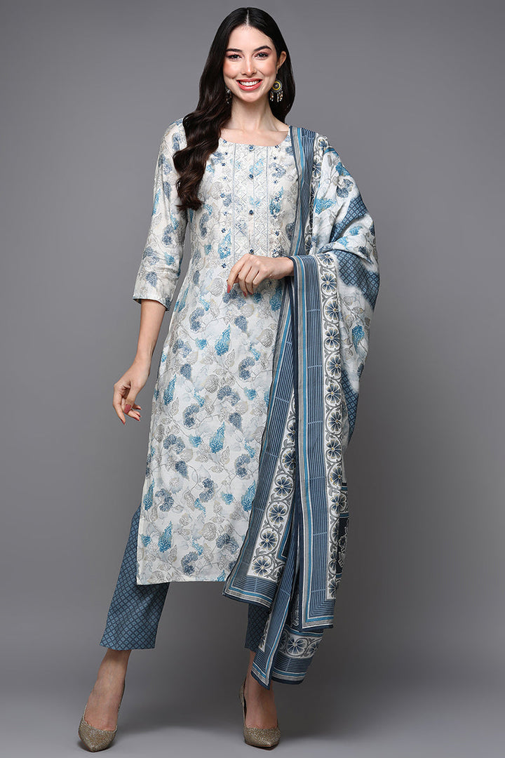 Off White Poly Chanderi Floral Straight Suit Set  | SHOBITAM