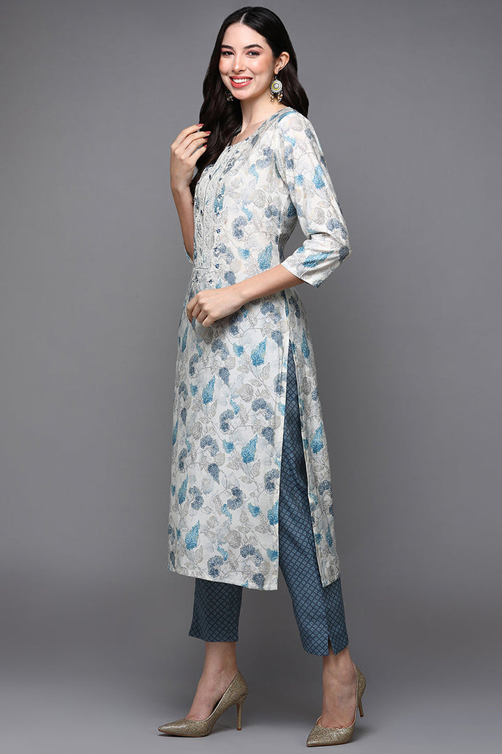 Off White Poly Chanderi Floral Straight Suit Set  | SHOBITAM