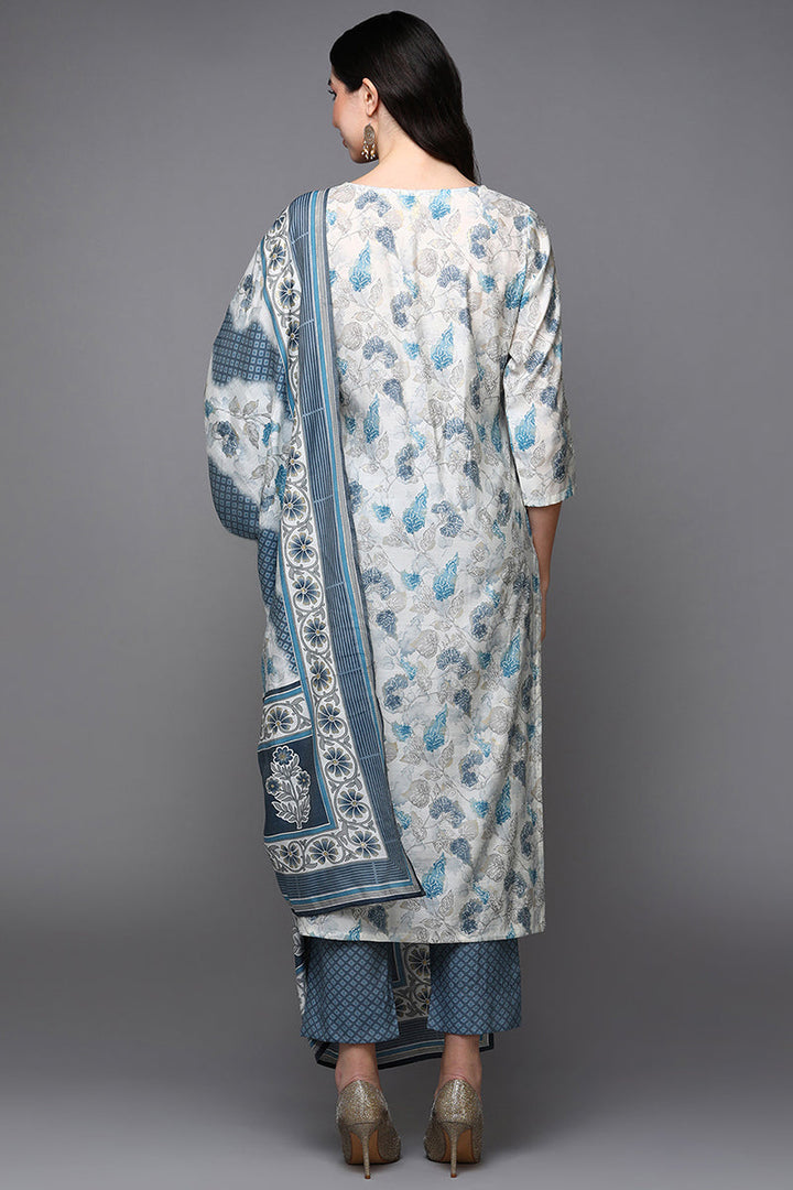 Off White Poly Chanderi Floral Straight Suit Set  | SHOBITAM
