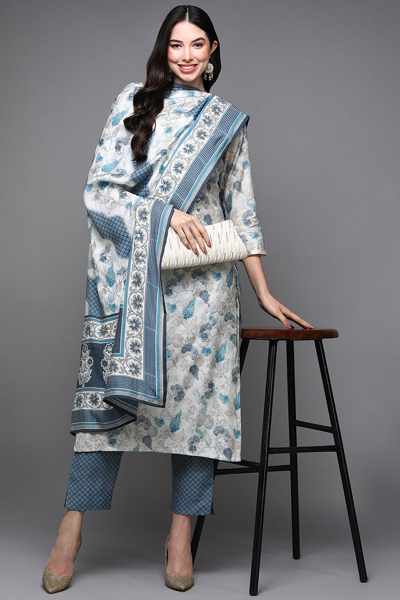 Off White Poly Chanderi Floral Straight Suit Set  | SHOBITAM