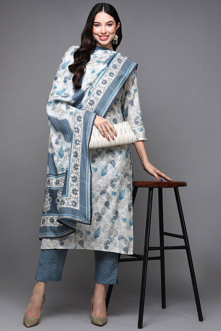 Off White Poly Chanderi Floral Straight Suit Set  | SHOBITAM