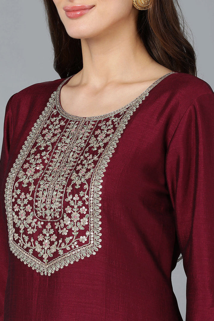 Maroon Silk Blend Yoke Design Kurti Sharara With Dupatta  | SHOBITAM