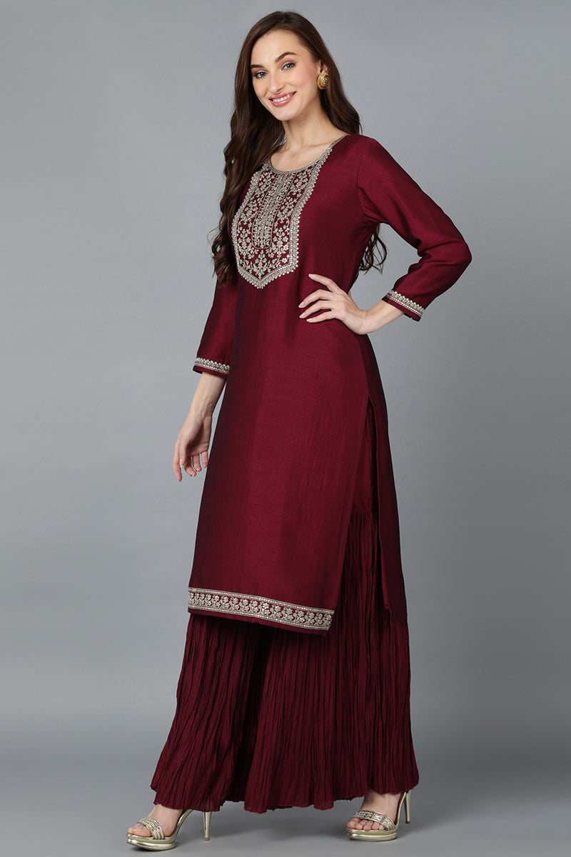 Maroon Silk Blend Yoke Design Kurti Sharara With Dupatta  | SHOBITAM